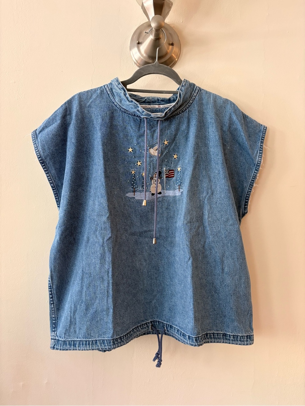 Vintage Women's Denim Hooded Snowman Embroidered Tunic Top